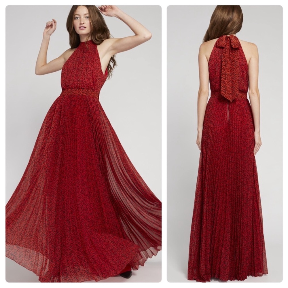 Alice and Olivia Kelissa Halter Pleat Maxi Dress in Mini Leopard Ruby & Black